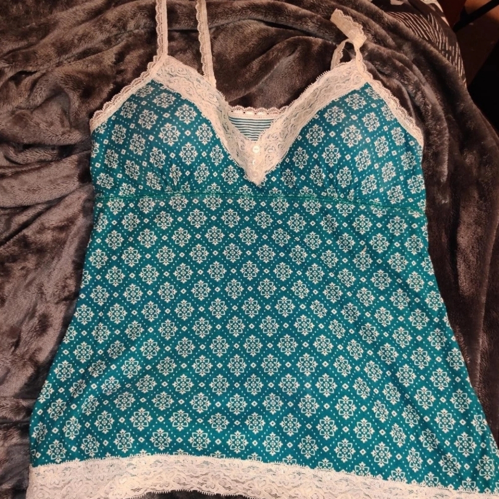 lei Women's Teal and White Lace Trim Tank Top